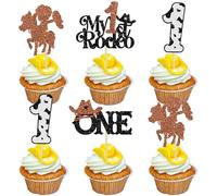 Gyufise 24Pcs Cowboy 1st Birthday Cupcake Toppers Glitter Hat My 1st Rodeo Cupcake Picks First Birthday Cow One Cake Decorations for Western Theme Baby Shower 1st Birthday Party Supplies Black