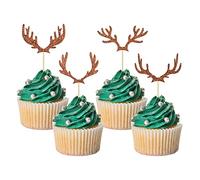 Gyufise 24Pcs Deer Cupcake Toppers Brown Glitter Antler Cake Picks Merry Christmas Cake Decorations Wedding Baby Shower Birthday Hunting Xmas Holiday Party Cake Decoration Supplies