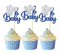Gyufise 24Pcs Elephant Oh Baby Cupcake Toppers Gold Glitter It's a Boy Cupcake Picks Gender Reveal Cake Decorations for Elephant Theme Baby Shower Kids Boys Birthday Party Cake Decorations Dark Blue