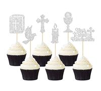 Gyufise 24Pcs First Holy Communion Cupcake Toppers Glitter Dove Cross God Bless and Baptism Cupcake Picks First Communion Theme Baby Shower Birthday Party Cake Decorations Supplies Silver