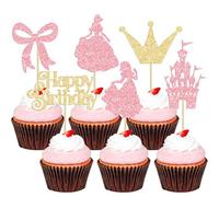 Gyufise 24Pcs Frozen Princess Cupcake Toppers Glitter Castle Bowknot Happy Birthday Cake Topper Decorations for Princess Happy Birthday Baby Shower New Year Party Supplies Pink Gold
