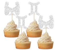 Gyufise 24Pcs Gemini Cupcake Toppers Glitter 12 Constellation Gemini Cake Toppers May June Birthday Cake Decoration for Horoscope Astrology Birthday Party Supplies Silver