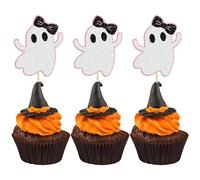 Gyufise 24Pcs Ghost Cupcake Toppers Pink Glitter Halloween Ghost Baby Shower Cupcake Toppers Ghost Food Cupcake Picks for Pink Halloween Baby Shower Birthday Party Cake Supplies