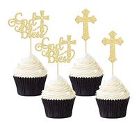 Gyufise 24Pcs God Bless and Baptism Cupcake Toppers Glitter Cross God Bless Cupcake Picks for Christian First Communion Baptism Party Cake Decorations Supplies Gold