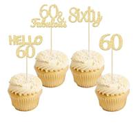 Gyufise 24Pcs Gold Glitter 60th Birthday Cupcake Toppers Hello 60 Sixty Cake Toppers 60 & Fabulous Cupcake Picks 60th Birthday Cake Decorations Supplies