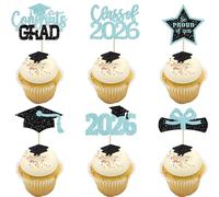 Gyufise 24Pcs Grad Cupcake Toppers Glittery Congrats Graduation Cake Topper Graduation Decorations Black and Lake Blue Cap and Diploma Cake Picks for Class of 2026 Grad Party Supplies Lake Blue 1