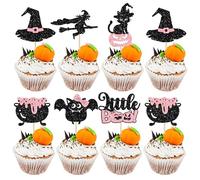 Gyufise 24Pcs Halloween Cupcake Toppers Glitter Pink Ghost Little Boo Bat Witch Cat Pumpkin Cupcake for Halloween Theme Baby Shower Birthday Party Cake Decorations Supplies