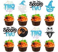 Gyufise 24Pcs Halloween Ghost Cupcake Toppers Glitter Two Spooky Cupcake Topper Decorations Halloween Cupcake Food Picks for Halloween 2nd Birthday Party Decoration Supplies Blue