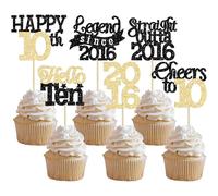 Gyufise 24Pcs Happy 10th Birthday Cupcake Toppers Hello Ten Legend Since 2016 Cupcake Picks Cheers to 10 Years Cake Decorations for 10th Birthday Anniversary Party Decorations Supplies Black Gold