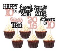 Gyufise 24Pcs Happy 10th Birthday Cupcake Toppers Hello Ten Legend Since 2016 Cupcake Picks Cheers to 10 Years Cake Decorations for 10th Birthday Anniversary Party Supplies Black Rose Gold