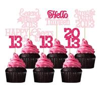 Gyufise 24Pcs Happy 13th Birthday Cupcake Toppers Hello Thirteen Legend Since 2013 Cupcake Picks Cheers to 13 Years Cake Decorations for 13th Birthday Anniversary Party Supplies Pink Rose Red