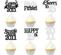Gyufise 24Pcs Happy 15th Birthday Cupcake Toppers Hello Fifteen Legend Since 2011 Cupcake Picks Cheers to 15 Years Cake Decorations for 15th Birthday Anniversary Party Supplies Black Silver