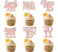 Gyufise 24Pcs Happy 15th Birthday Cupcake Toppers Hello Fifteen Legend Since 2011 Cupcake Picks Cheers to 15 Years Cake Decorations for 15th Birthday Anniversary Party Supplies Rose Gold