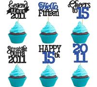 Gyufise 24Pcs Happy 15th Birthday Cupcake Toppers Hello Fifteen Legend Since 2011 Cupcake Picks Cheers to 15 Years Cake Decorations for 15th Birthday Anniversary Party Supplies Black Blue