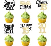 Gyufise 24Pcs Happy 15th Birthday Cupcake Toppers Hello Fifteen Legend Since 2011 Cupcake Picks Cheers to 15 Years Cake Decorations for 15th Birthday Anniversary Party Decorations Supplies Black Gold
