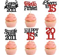 Gyufise 24Pcs Happy 15th Birthday Cupcake Toppers Hello Fifteen Legend Since 2011 Cupcake Picks Cheers to 15 Years Cake Decorations for 15th Birthday Anniversary Party Decorations Supplies Black Red