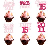 Gyufise 24Pcs Happy 15th Birthday Cupcake Toppers Hello Fifteen Legend Since 2011 Cupcake Picks Cheers to 15 Years Cake Decorations for 15th Birthday Anniversary Party Supplies Pink Rose Red