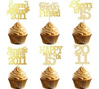 Gyufise 24Pcs Happy 15th Birthday Cupcake Toppers Hello Fifteen Legend Since 2011 Cupcake Picks Cheers to 15 Years Cake Decorations for 15th Birthday Anniversary Party Supplies Gold