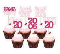 Gyufise 24Pcs Happy 20th Birthday Cupcake Toppers Hello Twenty Legend Since 2006 Cupcake Picks Cheers to 20 Years Cake Decorations for 20th Birthday Anniversary Party Supplies Pink Rose Red