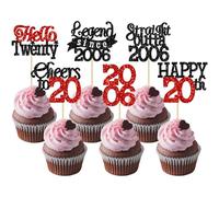 Gyufise 24Pcs Happy 20th Birthday Cupcake Toppers Hello Twenty Legend Since 2006 Cupcake Picks Cheers to 20 Years Cake Decorations for 20th Birthday Anniversary Party Decorations Supplies Black Red