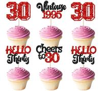 Gyufise 24Pcs Happy 30th Birthday Cupcake Toppers Star 30 Hello Thirty Vintage 1995 Cupcake Picks Cheers to 30 Birthday Decorations for 30th Birthday Anniversary Party Decorations Supplies Red