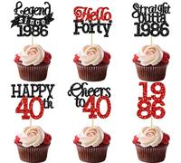 Gyufise 24Pcs Happy 40th Birthday Cupcake Toppers Hello Forty Legend Since 1986 Cupcake Picks Cheers to 40 Years Cake Decorations for 40th Birthday Anniversary Party Supplies Black Red