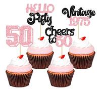 Gyufise 24Pcs Happy 50th Birthday Cupcake Toppers Star 50 Hello Fifty Vintage 1975 Cupcake Picks Cheers to 50 Birthday Decorations for 50th Birthday Anniversary Party Decorations Supplies Pink