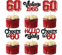 Gyufise 24Pcs Happy 60th Birthday Cupcake Toppers Star 60 Hello Sixty Vintage 1965 Cupcake Picks Cheers to 60 Birthday Decorations for 60th Birthday Anniversary Party Decorations Supplies Red