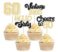 Gyufise 24Pcs Happy 60th Birthday Cupcake Toppers Star 60 Hello Sixty Vintage 1965 Cupcake Picks Cheers to 60 Birthday Decorations for 60th Birthday Anniversary Party Decorations Supplies Gold
