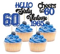 Gyufise 24Pcs Happy 60th Birthday Cupcake Toppers Star 60 Hello Sixty Vintage 1965 Cupcake Picks Cheers to 60 Birthday Decorations for 60th Birthday Anniversary Party Decorations Supplies Blue