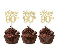 Gyufise 24Pcs Happy 90th Cupcake Toppers Glitter Number 90 Ninety Cheers to 90 Cupcake Food Picks Decorations for 90th Birthday Wedding Anniversary Party Supplies Gold