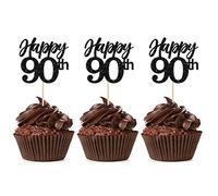 Gyufise 24Pcs Happy 90th Cupcake Toppers Glitter Number 90 Ninety Cheers to 90 Cupcake Food Picks Decorations for 90th Birthday Wedding Anniversary Party Supplies Black