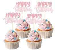 Gyufise 24pcs Happy Birthday Cupcake Toppers - Double Layer Glitter Cupcake Picks for Baby Shower, Kids, Girls & Boys Birthday, Anniversary Parties - Pink