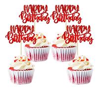 Gyufise 24Pcs Happy Birthday Cupcake Toppers Glitter Double Layer Birthday Cupcake Picks for Celebrating Baby Shower Theme Kids Boys Girls Anniversary Party Cake Decorations Supplies Red