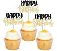 Gyufise 24Pcs Happy Birthday Cupcake Toppers - Glitter Double Layer Cupcake Picks for Celebrating Baby Shower, Kids, Boys, Girls Birthday, Anniversary Party Decorations Supplies - Black, Gold