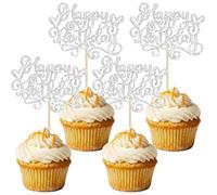 Gyufise 24Pcs Happy Birthday Cupcake Toppers Glitter Happy Birthday Cupcake Picks for Celebrating Happy Birthday Party Decor Anniversary Theme Party Cake Decorations Supplies Silver