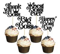 Gyufise 24Pcs Happy Boss Day Cupcake Toppers Glitter Boss Cupcake Toppers Best Boss Thank You Boss Cake Picks for Boss Theme Birthday Party Cake Decoration Supplies Black