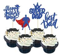 Gyufise 24Pcs Happy Father's Day Cupcake Toppers Blue Glitter Superhero Father Best Dad Super Dad Cupcake Picks for Happy Father's Day Theme Party Cake Decorations Supplies