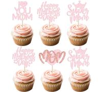 Gyufise 24Pcs Happy Mother's Day Cupcake Toppers Glitter Heart Super Mom Love You Mom Cupcake Picks for Happy Mother's Day Theme Women Birthday Party Cake Decorations Supplies Pink