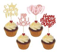 Gyufise 24Pcs Happy Mother's Day Cupcake Toppers Glitter Heart Super Mom Love You Mom Cupcake Picks for Happy Mother's Day Theme Women Birthday Party Cake Decorations Supplies Colorful