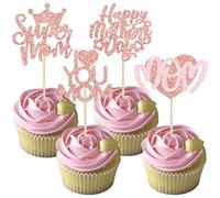 Gyufise 24Pcs Happy Mother's Day Cupcake Toppers Glitter Heart Super Mom Love You Mom Cupcake Picks for Happy Mother's Day Theme Women Birthday Party Cake Decorations Supplies Rose Gold