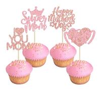 Gyufise 24Pcs Happy Mother's Day Cupcake Toppers Glitter Love You Mom Heart Super Mom Cupcake Picks for Happy Mother's Day Theme Women Birthday Party Cake Decorations Supplies