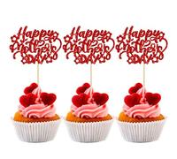 Gyufise 24Pcs Happy Mother's Day Cupcake Toppers Red Glitter Flower Love Mother Best Mom Cupcake Picks for Happy Mother's Day Theme Women Birthday Party Cake Decorations Supplies