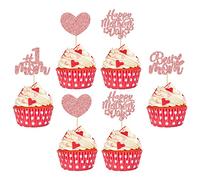 Gyufise 24Pcs Happy Mother's Day Cupcake Toppers Rose Gold Glitter Love Heart Super Mom Mother's Day Cupcake Picks Best Mom Cake Decorations for Happy Mother's Day Theme Women Birthday Party Supplies