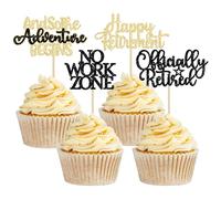Gyufise 24Pcs Happy Retirement Cupcake Toppers Officially Retired Cupcake Picks No Work Zone Adventure Begins Cake Decorations for Retirement Theme Farewell Birthday Party Supplies Black Gold