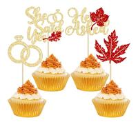 Gyufise 24Pcs He Asked She Said Yes Cupcake Toppers Glitter Maple Leaves Diamond Ring Bridal Shower Cupcake Picks for Wedding Engagement Fall Harvest Thanksgiving Party Cake Decorations Supplies