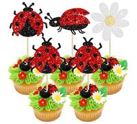 Gyufise 24Pcs Ladybug Cupcake Toppers Glitter Flower Ladybug Insect Cupcake Pick Decorations for Garden Theme Baby Shower Birthday Party Cake Decorations Supplies