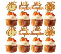 Gyufise 24Pcs Little Pumpkin Cupcake Toppers Glitter Fall Theme Baby Shower Cupcake Decorations Baby Feet Pumpkin Cupcake Picks for Thanksgiving Halloween Kids Birthday Party Decorations Orange