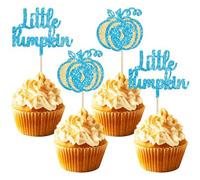 Gyufise 24Pcs Little Pumpkin Cupcake Toppers Glitter Fall Theme Baby Shower Cupcake Decorations Baby Feet Pumpkin Cupcake Picks for Thanksgiving Halloween Kids Birthday Party Decorations Blue
