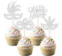 Gyufise 24Pcs Masquerade Masks Cupcake Toppers Silver Glitter Bachelorette Mask Cupcake Topper Mardi Gras Cake Picks Decorations for Masquerade Mardi Gras Party Baby Shower Birthday Party Supplies